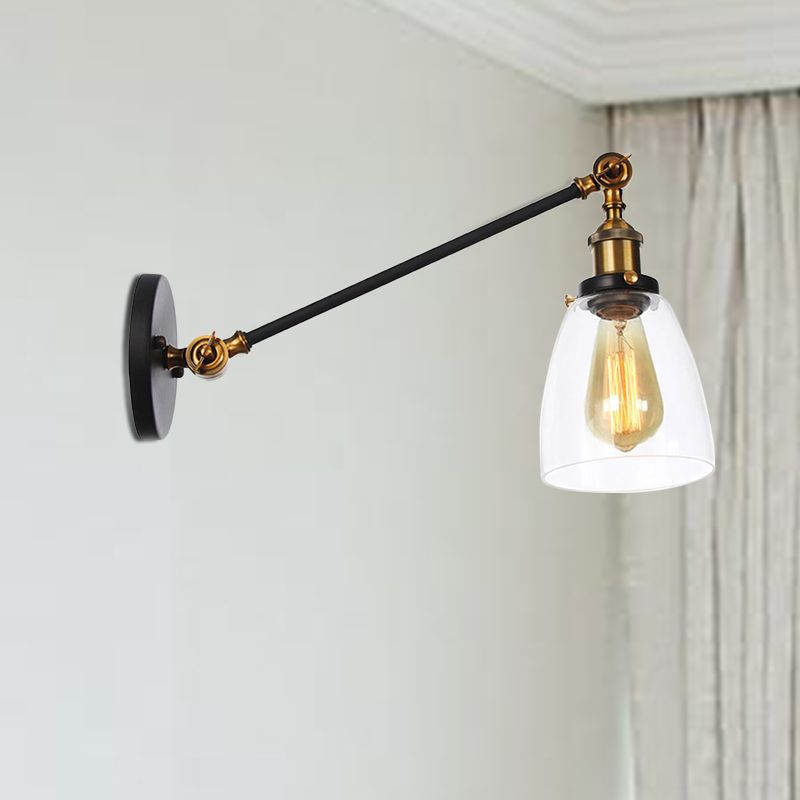 Black/Bronze/Brass 1 Light Wall Light Fixture Industrial Style Clear Glass Tapered Sconce with Arm, 8"/12" L