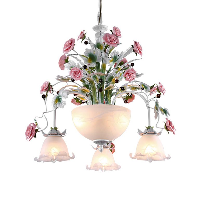 5-Head Ceiling Chandelier Countryside Flower Milk Glass Suspension Lamp for Stair