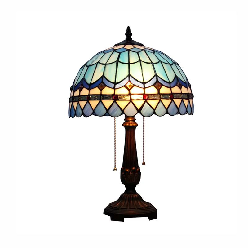 Barokke stijl Dome/Bowl leeslicht 1 licht gebrandschilderd glazen tafelverlichting met metalen basis in blauw