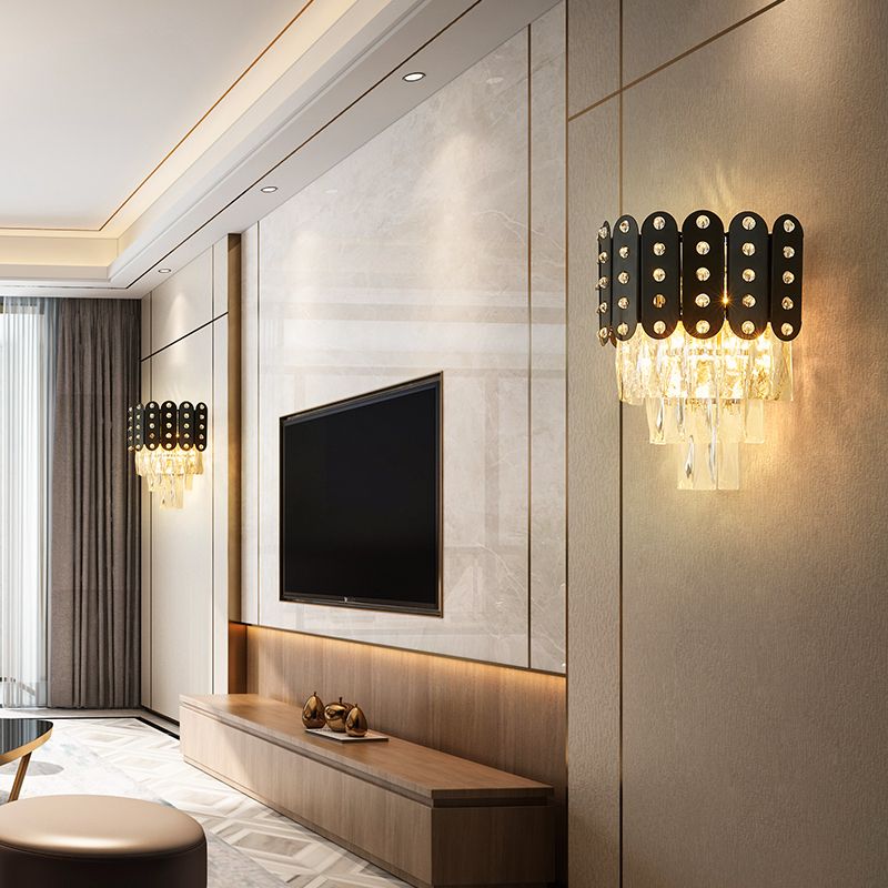 3 Lights 3 Tiers Wall Mounted Light Clear Faceted Crystal Contemporary Wall Lighting in Black