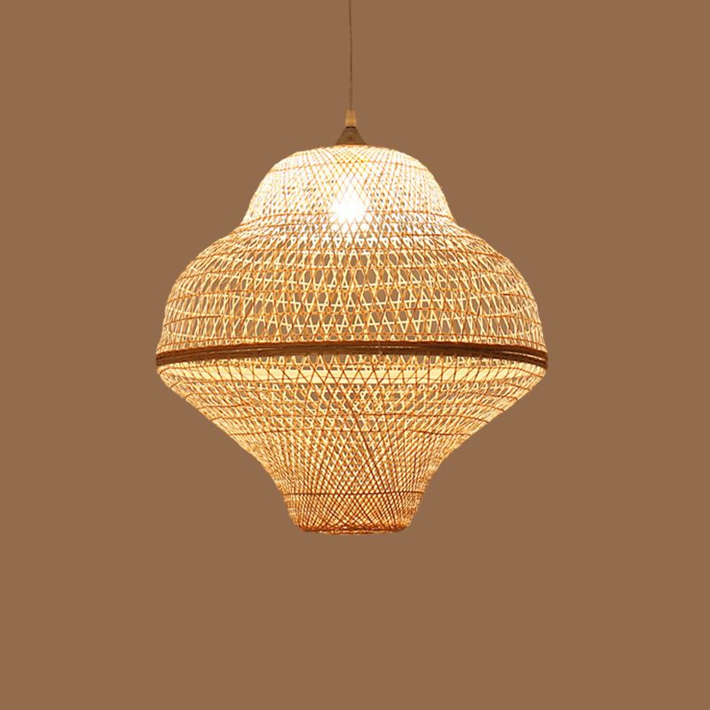 Chinese Gourd/Basket Shaped Drop Pendant Bamboo Woven Single-Bulb Dining Room Suspension Lamp in Beige