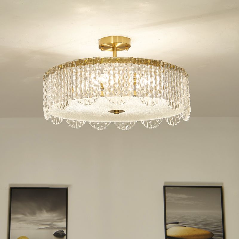 Drum Bevel Cut Glass Semi Flush Mount Contemporary 4-Light Gold Close to Ceiling Lamp