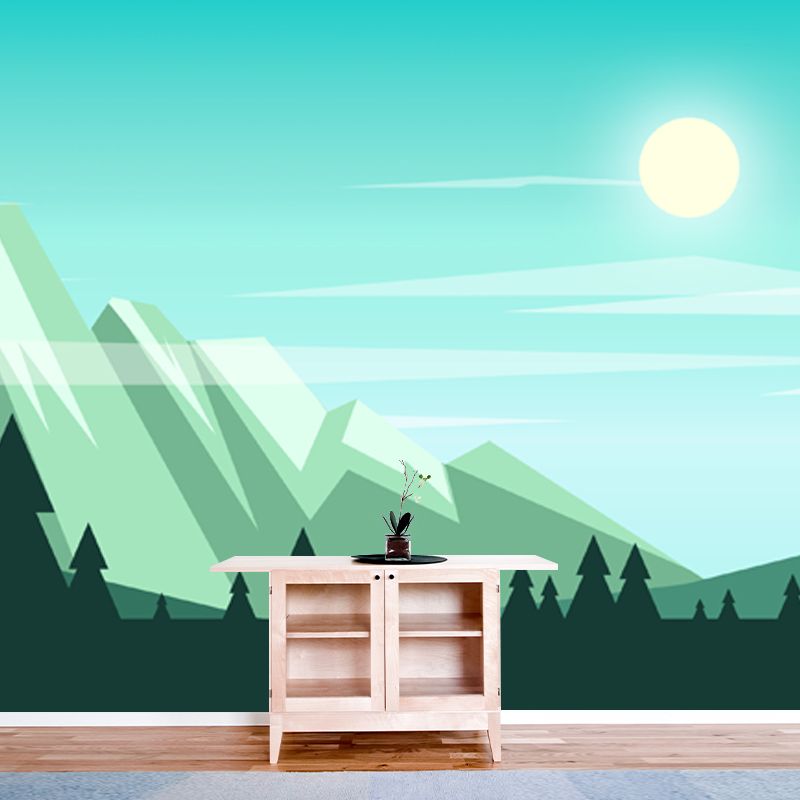 Nordic Sunshine on Mountain Murals in Aqua Pipe-Forest Wall Covering for Living Room