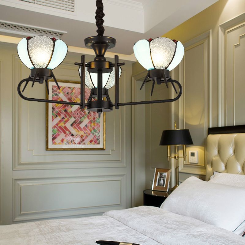 Tradizionale lampadario floreale Light con ciondolo a soffitto in vetro blu a 3 luci per ristorante