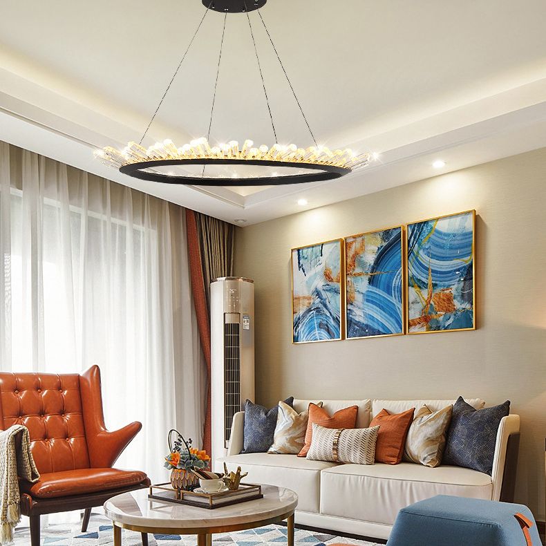 Minimalist Ring-Shape LED Chandelier Crystal Stick Living Room Hanging Light in Black