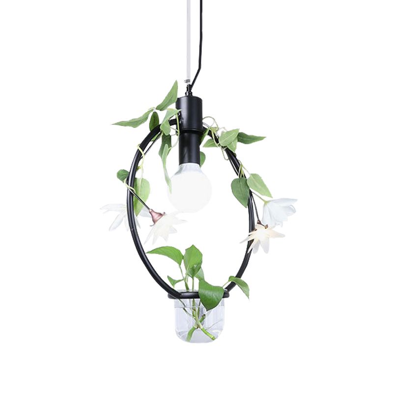 1 leichte Anhängerlampe Bauernhausdreieck/runde/quadratische Rahmen Metall Hanging Deckenlicht in Schwarz/Gold mit Pflanzentopf und falsche Blumenrebe