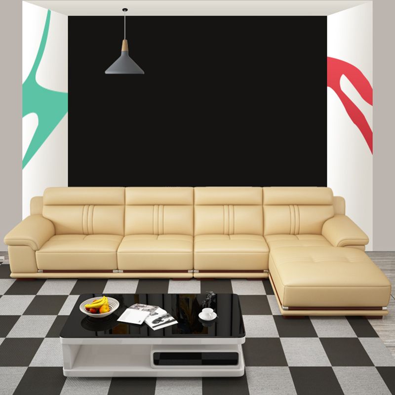 Genuine Leather Sectional Sofa Beige Pillow Top Arm Sofa with Cushion Back