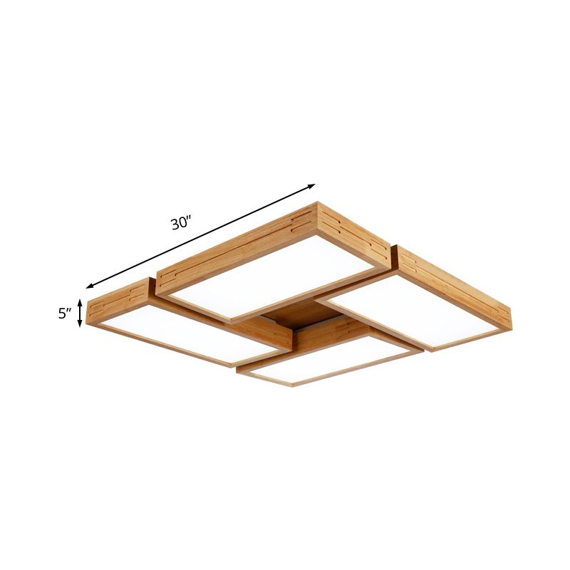 Beige Rectangle Ceiling Mounted Light Minimalist Wood 1/4 Lights Flush Mount in White/Warm Light with Acrylic Diffuser