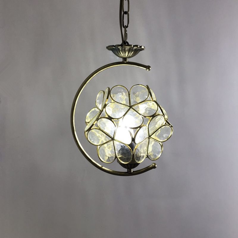 Bronze 1-Head Pendant Light Kit Baroque Metal C-Frame Hanging Lighting with Geometry Cut Glass Shade