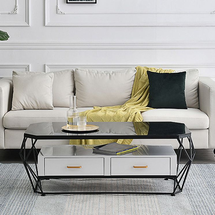 Modern Frame Coffee Cocktail Table Rectangular Glass Top Cocktail Table with Drawer