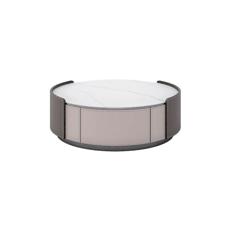Slate and Leather Drum Coffee Table Modern Round Cocktail Table Set with Storage