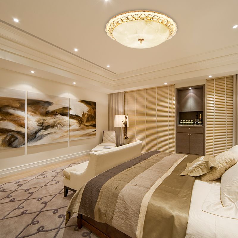 Lámpara de montaje empotrado con cuenco de vidrio texturizado, moderna lámpara de techo LED empotrada con detalles de cristal transparente en dorado, 12"/16" de ancho