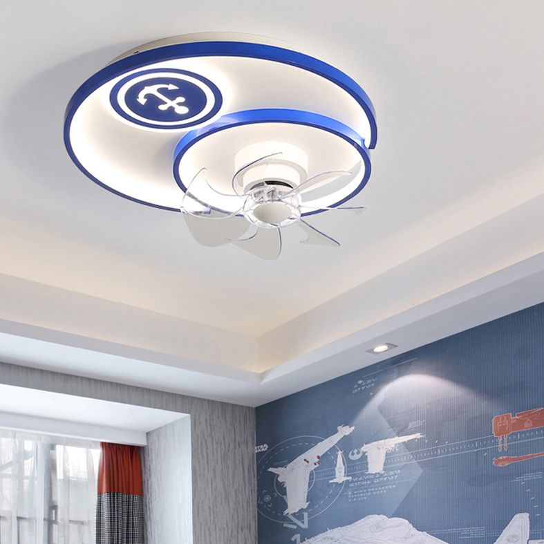 Cartoon Disc Shaped Flush Mount Fan Lamp Metal Boys Room LED Semi Flush Light