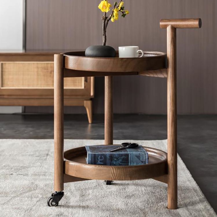 Scandinavian Round Tray Top Side Table 21.6-inch Wood End Table with Shelf and Wheel