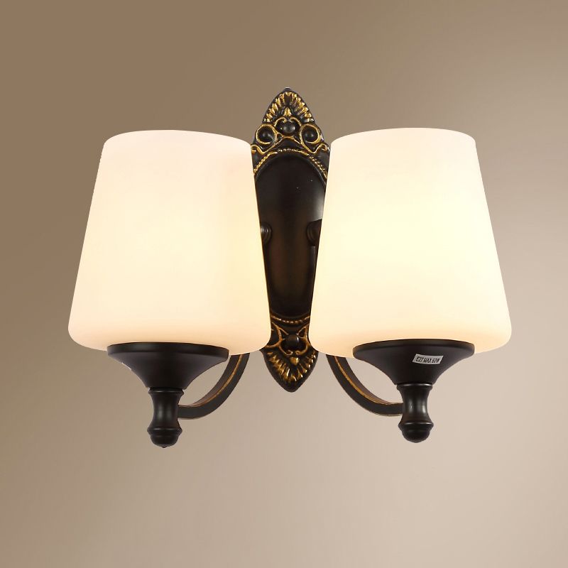 Frosted White Glass Cone Wall Light Vintage Living Room Sconce Lighting in Black