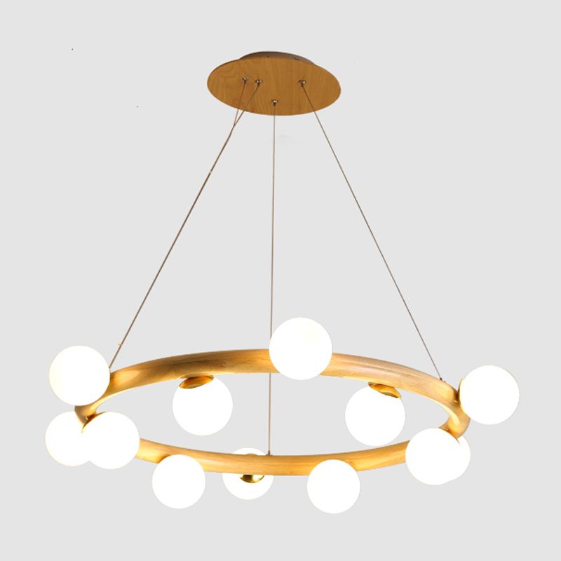Modern Creative Chandelier Wooden Globe Pendant Light with White Glass Shade