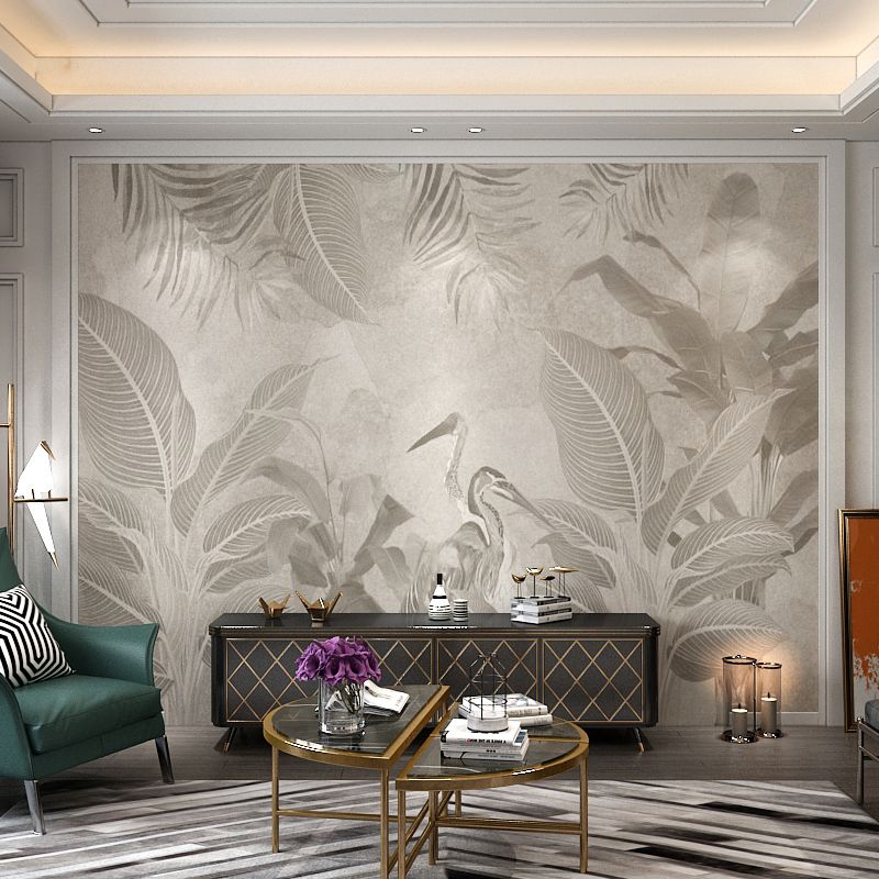 Taupe Coffee Tropical Forest Mural Stain-Resistant Wall Covering for Living Room