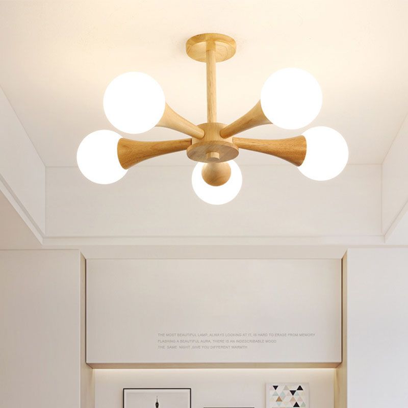 Modern Ceiling Lamp Simplicity Wooden Bedroom Chandelier with White Glass Shade