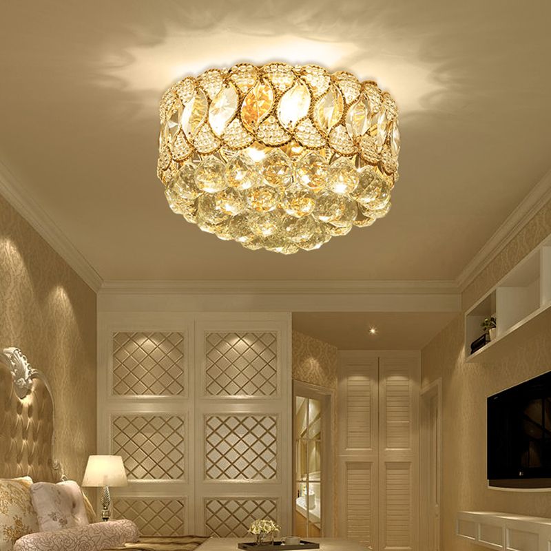 Gold Circular Ceiling Light Contemporary 3 Bulbs Crystal Ball Flush Mount Lamp for Bedroom