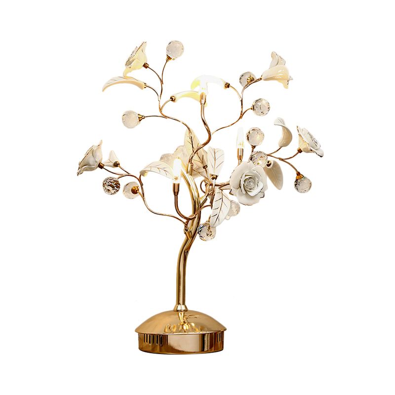 Lámpara nocturna de árbol de flores de 3 bombas Jardín coreano White/Red/Verde Ceramic Table Luz con tallo de oro