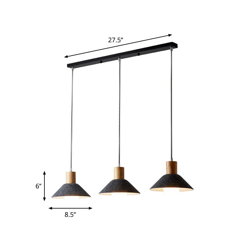 Felt Grey Pendant Lighting Conical 3 Lights Industrial Suspension Light for Dining Room with Wooden Cap