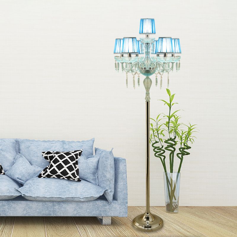 Blue 5/6/7-Bulb Standing Light Traditional Crystal Candelabra Reading Floor Lamp with Barrel Pleated Shade