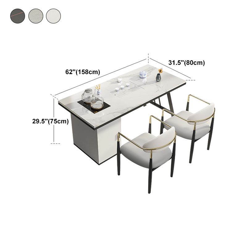 Mesa de comedor con encimera rectangular y tapa de piedra moderna con pedestal doble de metal