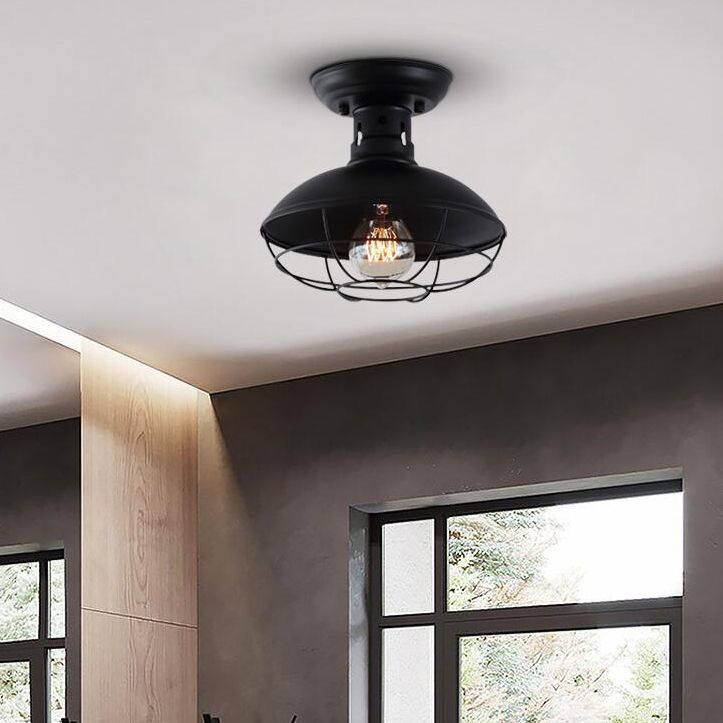 Black Shaded Semi Flush Light Fixture Industrial Metal Aisle Ceiling Light