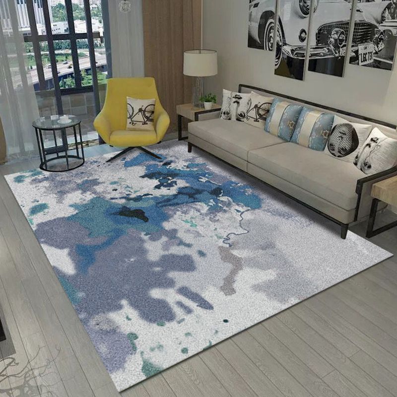 Unique Abstract Pattern Rug Gray and Blue Polyester Rug Non-Slip Backing Washable Area Rug for Bedroom
