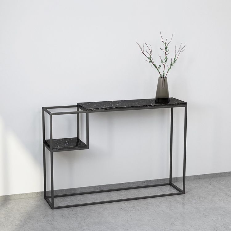 Rectangle Marble Top Console Table with Storage Shelf and Iron Frame Base