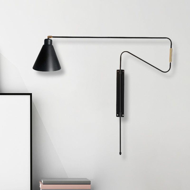 1-Licht-Metallwand-Lampe Antiquierkaffee/Schwarz/Gold Finish lang gebogener Arm Wohnzimmer Rotatable Wandleuchte mit Kegelschatten