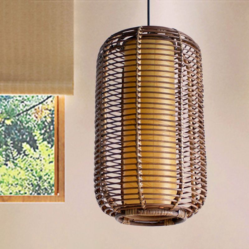 Cylindrical Pendant Light Japanese Bamboo 1 Head Suspended Lighting Fixture in Brown