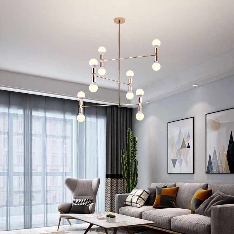 Postmodern 3-Arm Chandelier Metallic 12-Bulb Living Room Hanging Lamp with Shadeless Design