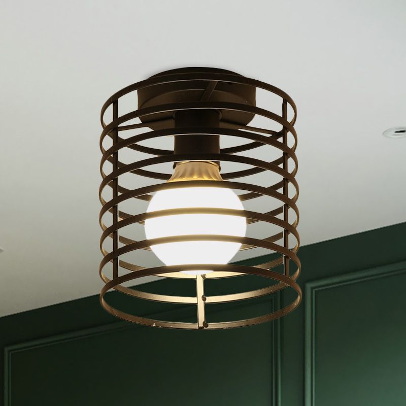 Lámpara de techo de metal enjaulada con pantalla cilíndrica/lágrima, luz industrial semi empotrada de 1 luz para pasillo en negro