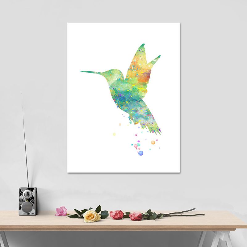 Kids Hummingbird Painting Wall Art Green Watercolor Canvas Print for Child Bedroom