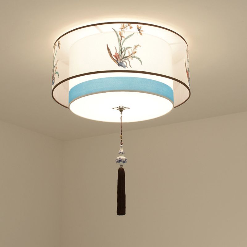 Blue Flushmount Ceiling Lamp Traditional Fabric Shaded Flush Mount Ceiling Light