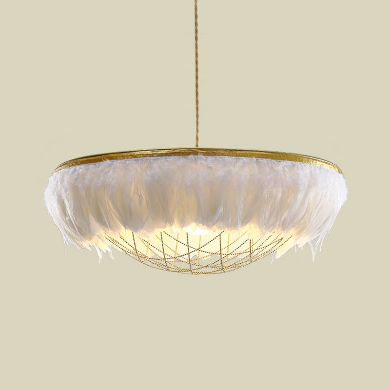 Cage Dome Lamera lampadina metallica Light Modern 2 Bulbs Lampada a soffitto appeso oro con piume bianco/grigio/rosa
