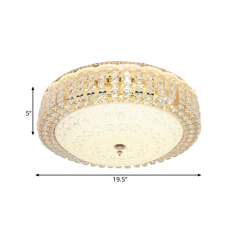 Circle Beveled Crystal Ceiling Flush Light Simple Hotel LED Flush Mount with Frosted Flower Glass Shade in Gold