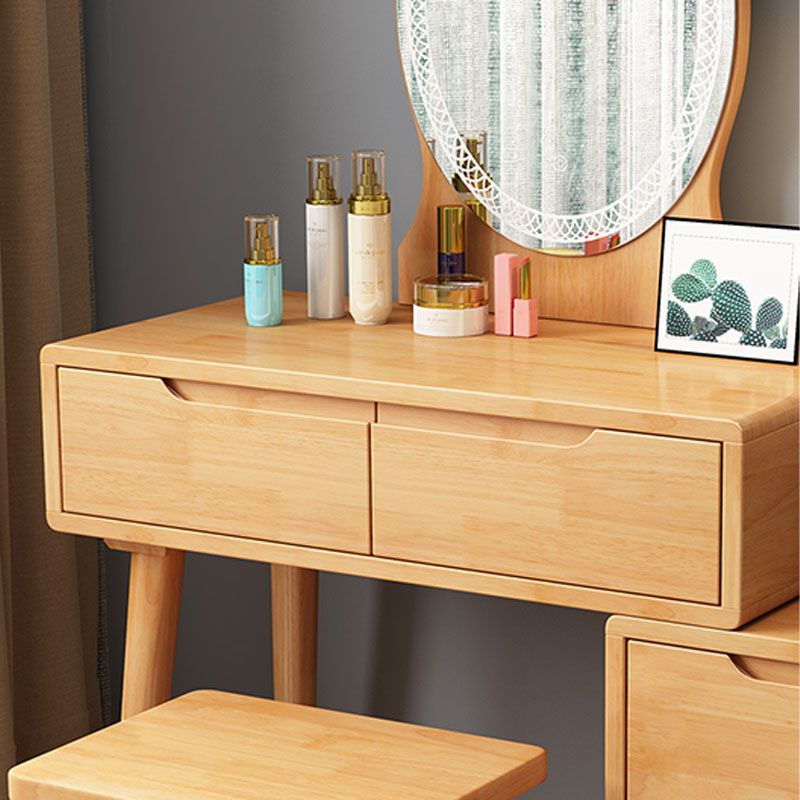 Scandinavian Rubberwood Vanity Table with Stool and 4 Drawers