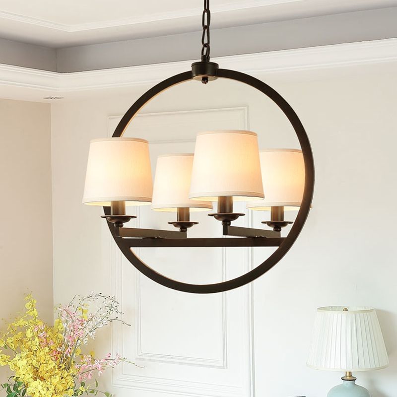 4 Lights Metal Hanging Chandelier Traditional White Cone Living Room Pendant Light Fixture with Fabric Shade