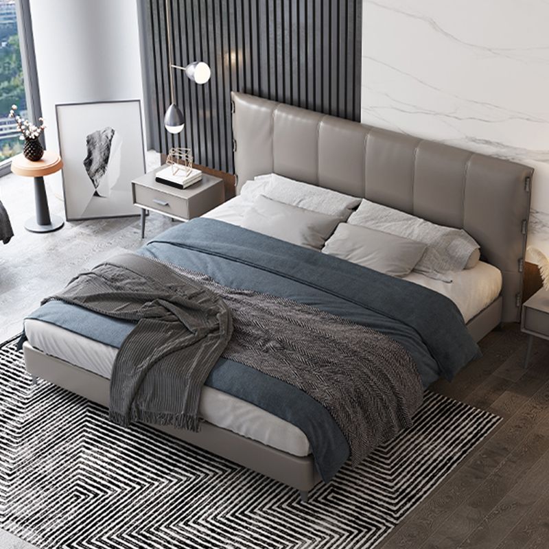 Wooden Modern Grey Bed Frame with Headboard, Genuine Leather Panel Bed
