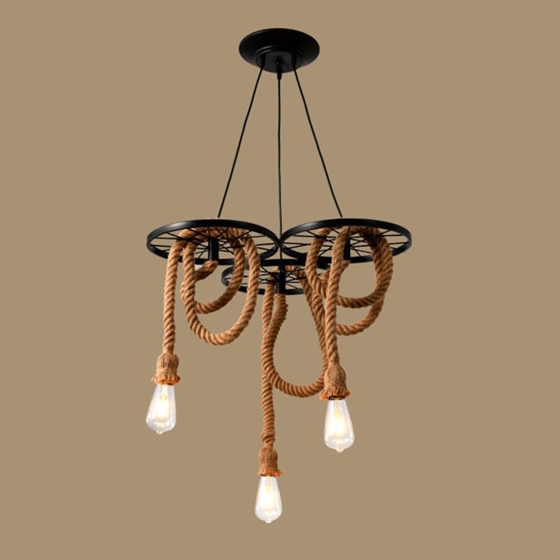 Metal Wheel Hanging Light Fixture Factory Dining Room Chandelier Lighting with Open Bulb Design in Black