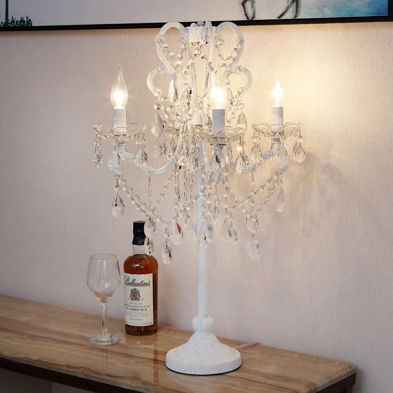 Rustic Candelabra Night Lamp 4 Lights Metal Nightstand Light in White with K9 Crystal Strand