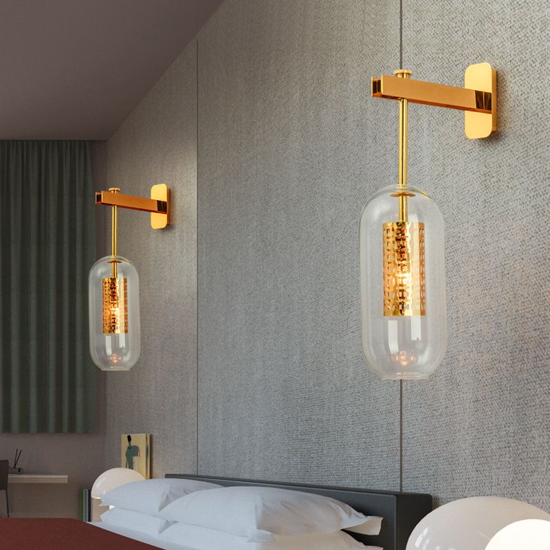 Clear Glass Tube Sconce Light Contemporary 1 Light Brass Bedroom Wall Mount Lamp