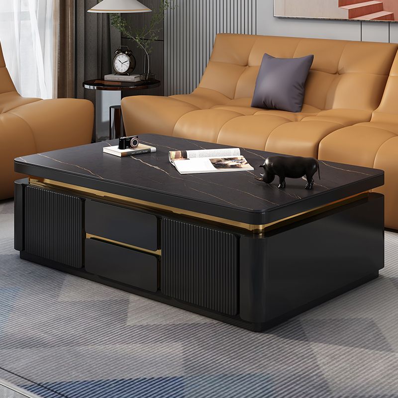 Wooden Block Cocktail Table with Drawers Glam Slate Top 4-Door Coffee Table