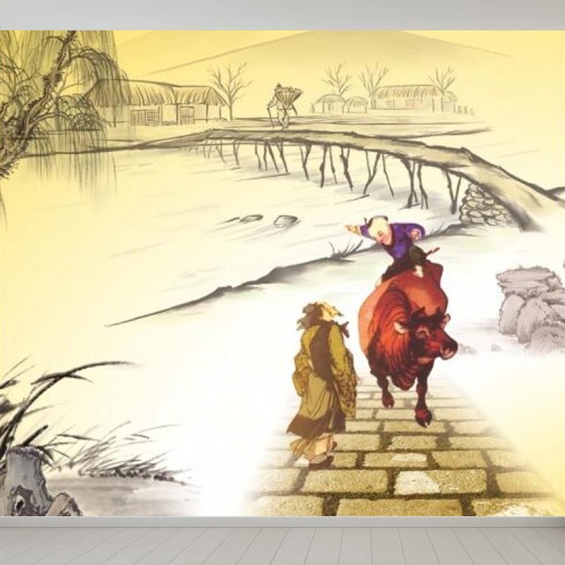 Country Cow and Figure Mural Decal Classic Non-Woven Textured Wall Covering in Yellow