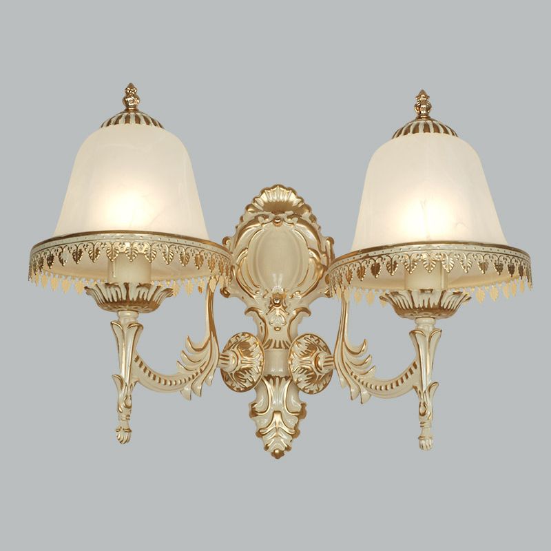 Opal Frosted Glass Cloche Wall Sconce Traditional 2-Head Dining Room Wall Mount Lamp with Trim in White