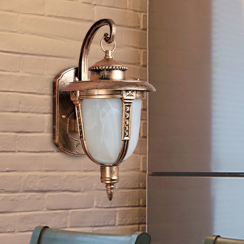 Brass Acorn Sconce Light Fixture Country Opal Frosted Glass 1-Light Courtyard Wall Lamp Fixture