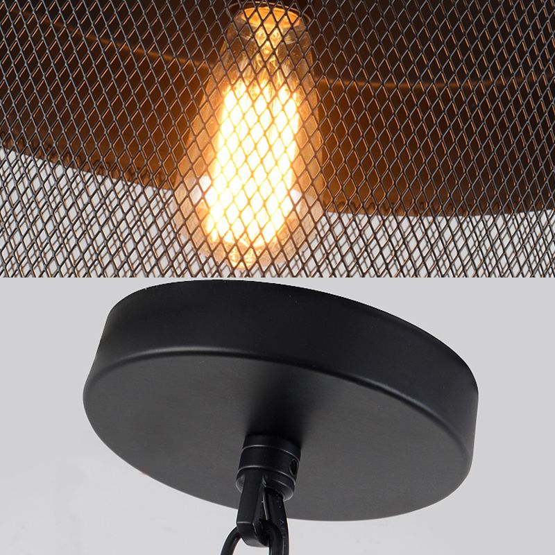 1 Head Metal Hanging Light Industrial Style Black Mesh Drum Shade Restaurant Pendant Light Fixture