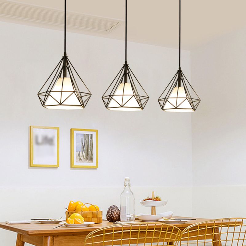 Lampada a ciondolo a ciondolo in gabbia di ferro, sospensione della sala da pranzo retrò in nero